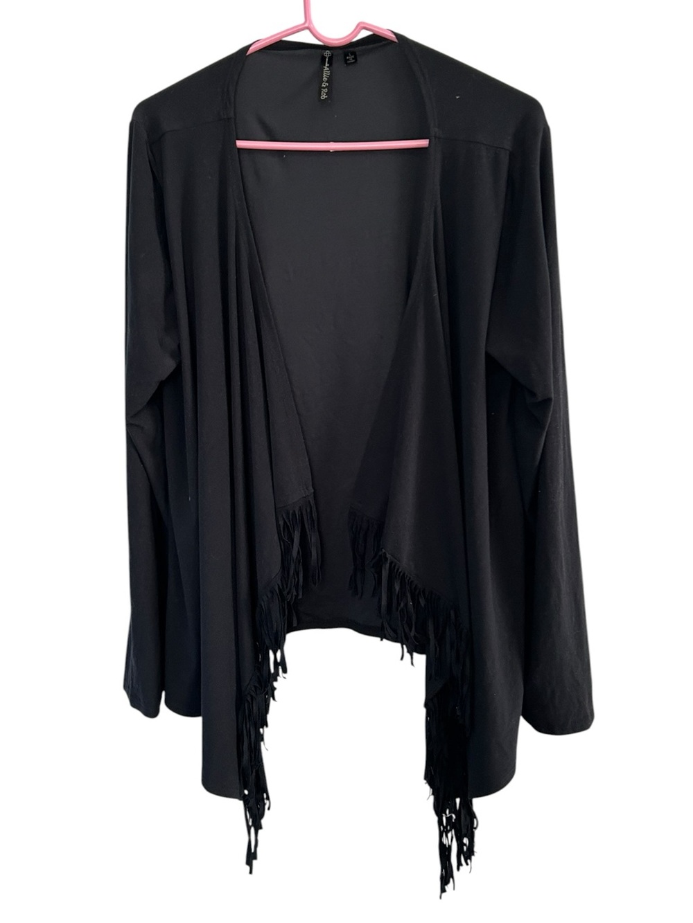 Black Fringe Waterfall Cardigan Whimsigoth Draped Open Front Jacket L